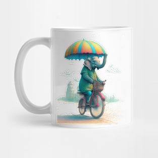 An elephant on a bicycle, holding an umbrella. Mug